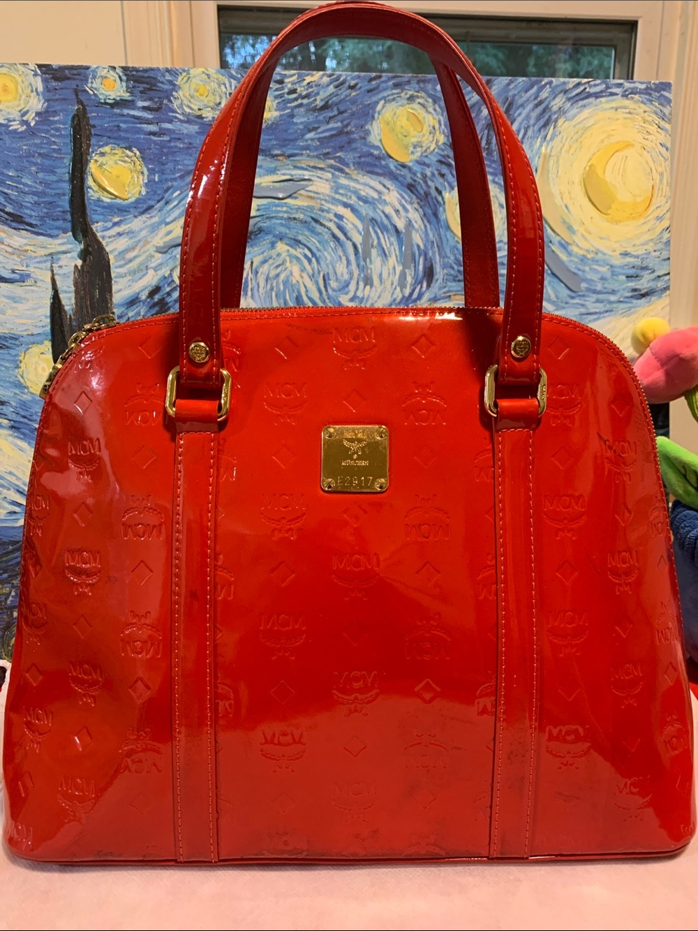MCM Red Patent Leather Dome Tote with Gold Plaque Accent